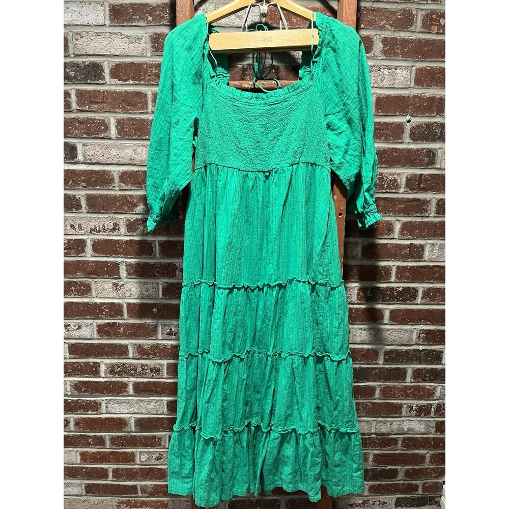 Crown & Ivy Green Swiss Dot Smocked Tiered Midi Dress Large L Cottage Prairie